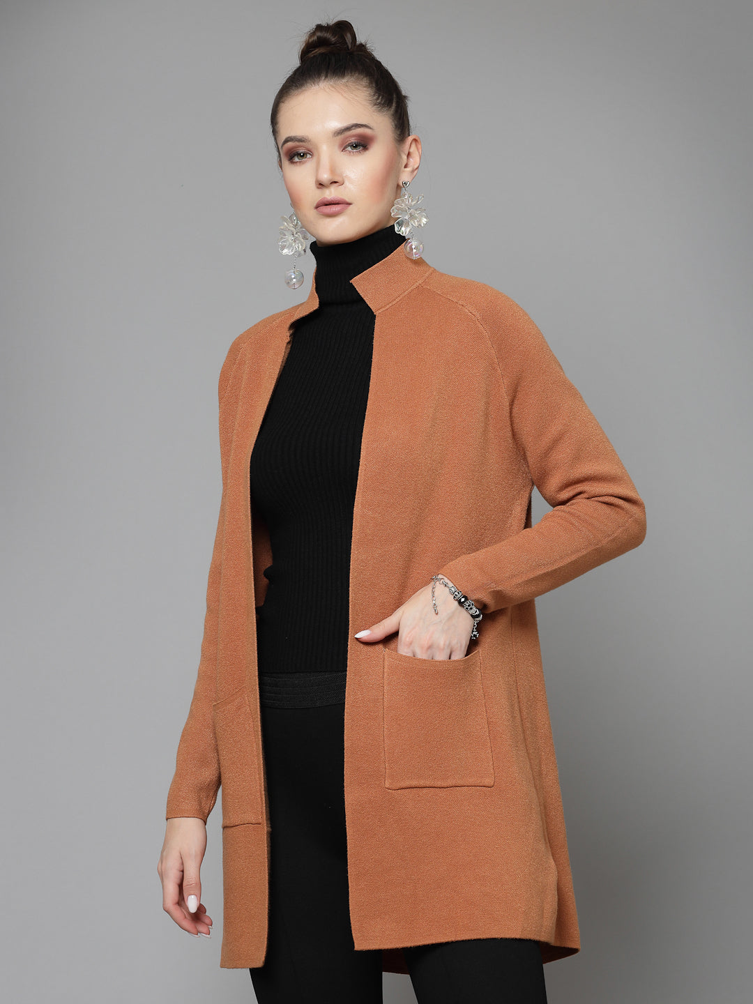 Mafadeny Women Winter Wear khakhi Longline Shrug