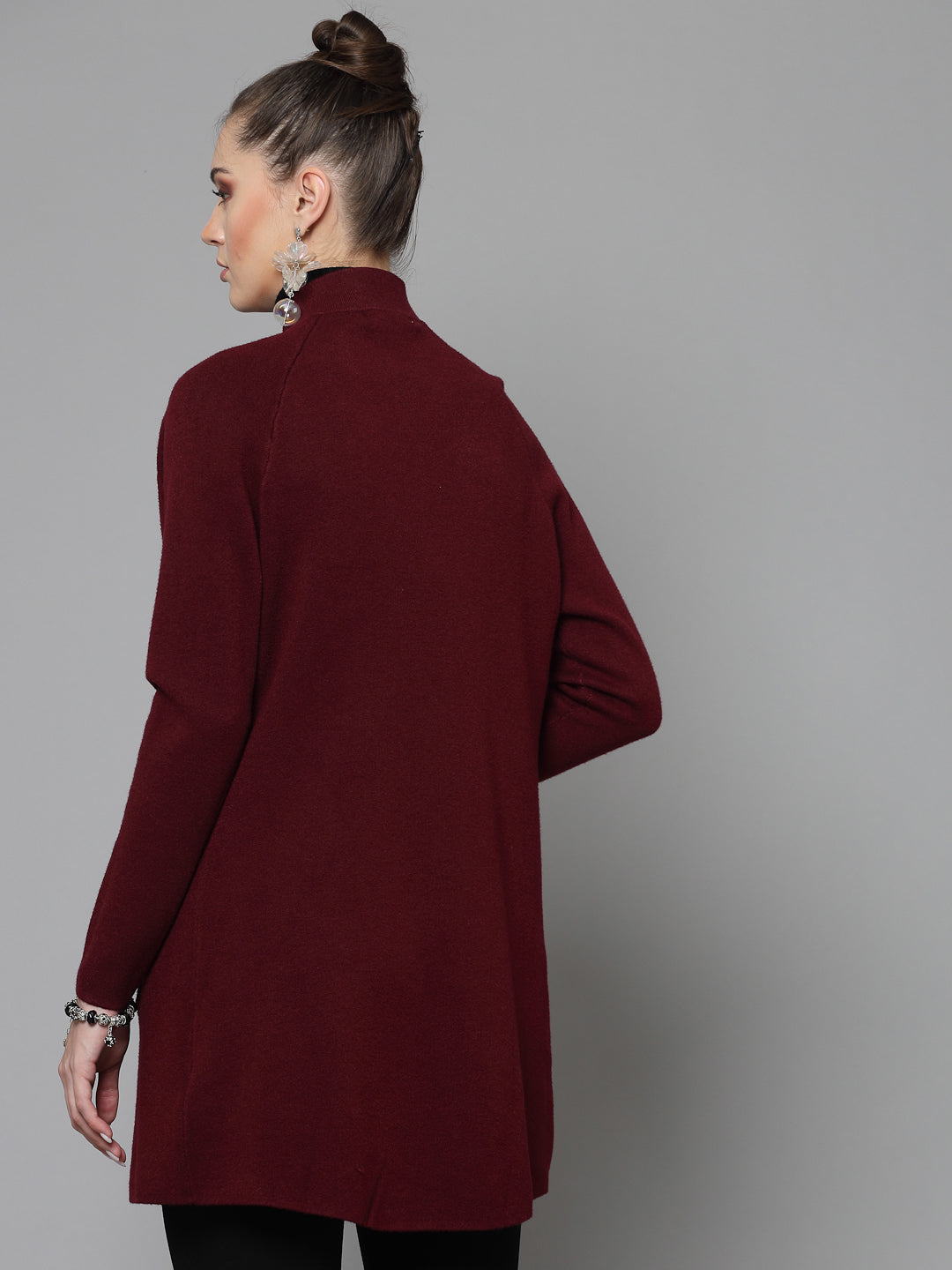 Mafadeny Women Winter Wear Maroon Longline Shrug