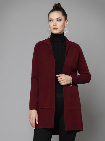 Mafadeny Women Winter Wear Maroon Longline Shrug