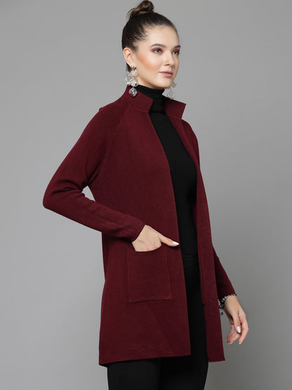 Mafadeny Women Winter Wear Maroon Longline Shrug