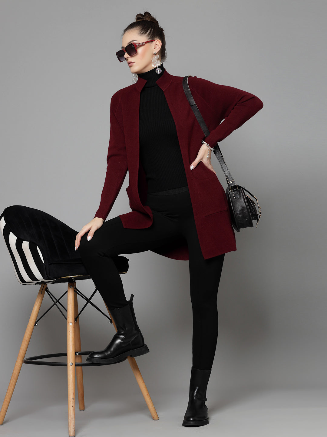 Mafadeny Women Winter Wear Maroon Longline Shrug