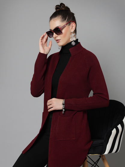 Mafadeny Women Winter Wear Maroon Longline Shrug