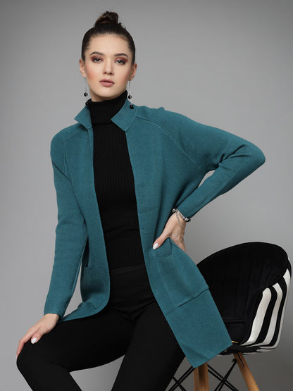 Mafadeny Women Winter Wear Teal Blue Longline Shrug