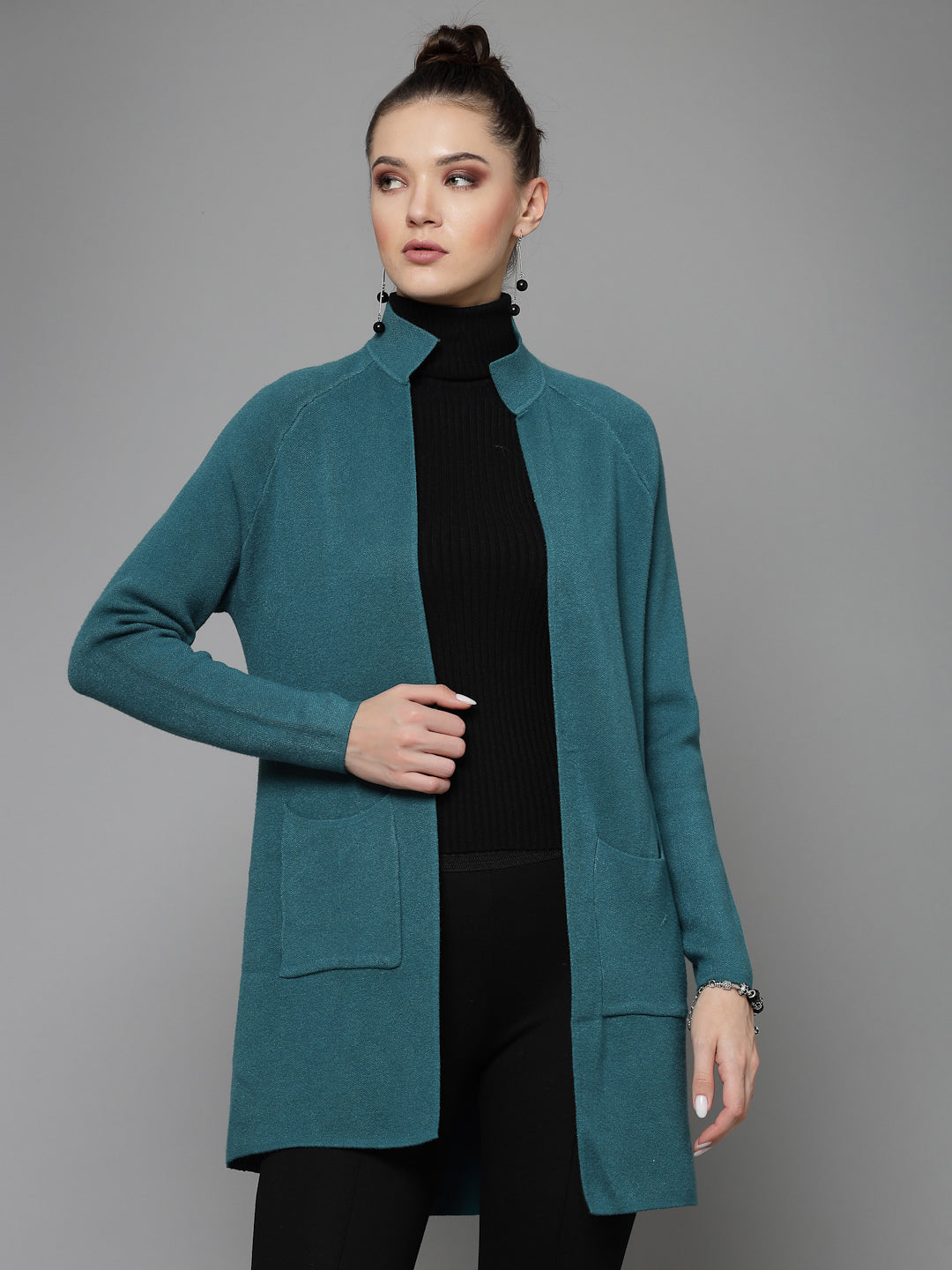 Mafadeny Women Winter Wear Teal Blue Longline Shrug