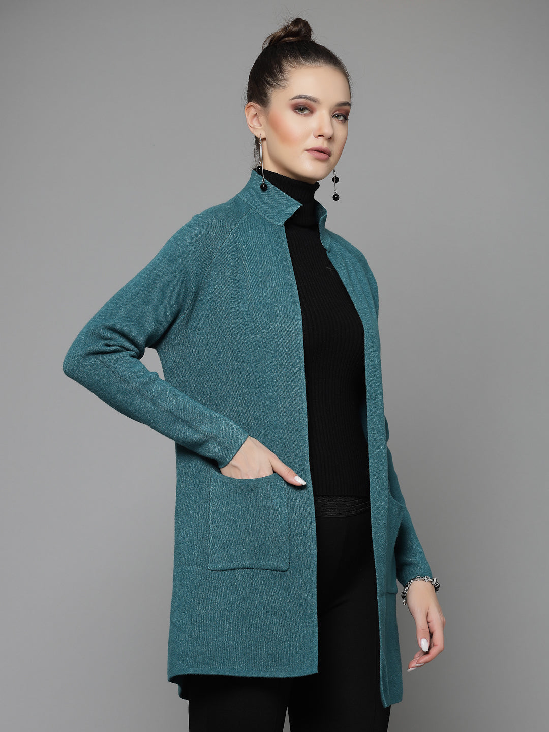 Mafadeny Women Winter Wear Teal Blue Longline Shrug