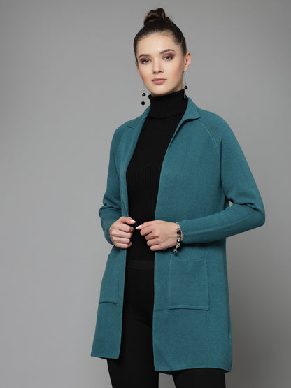 Mafadeny Women Winter Wear Teal Blue Longline Shrug