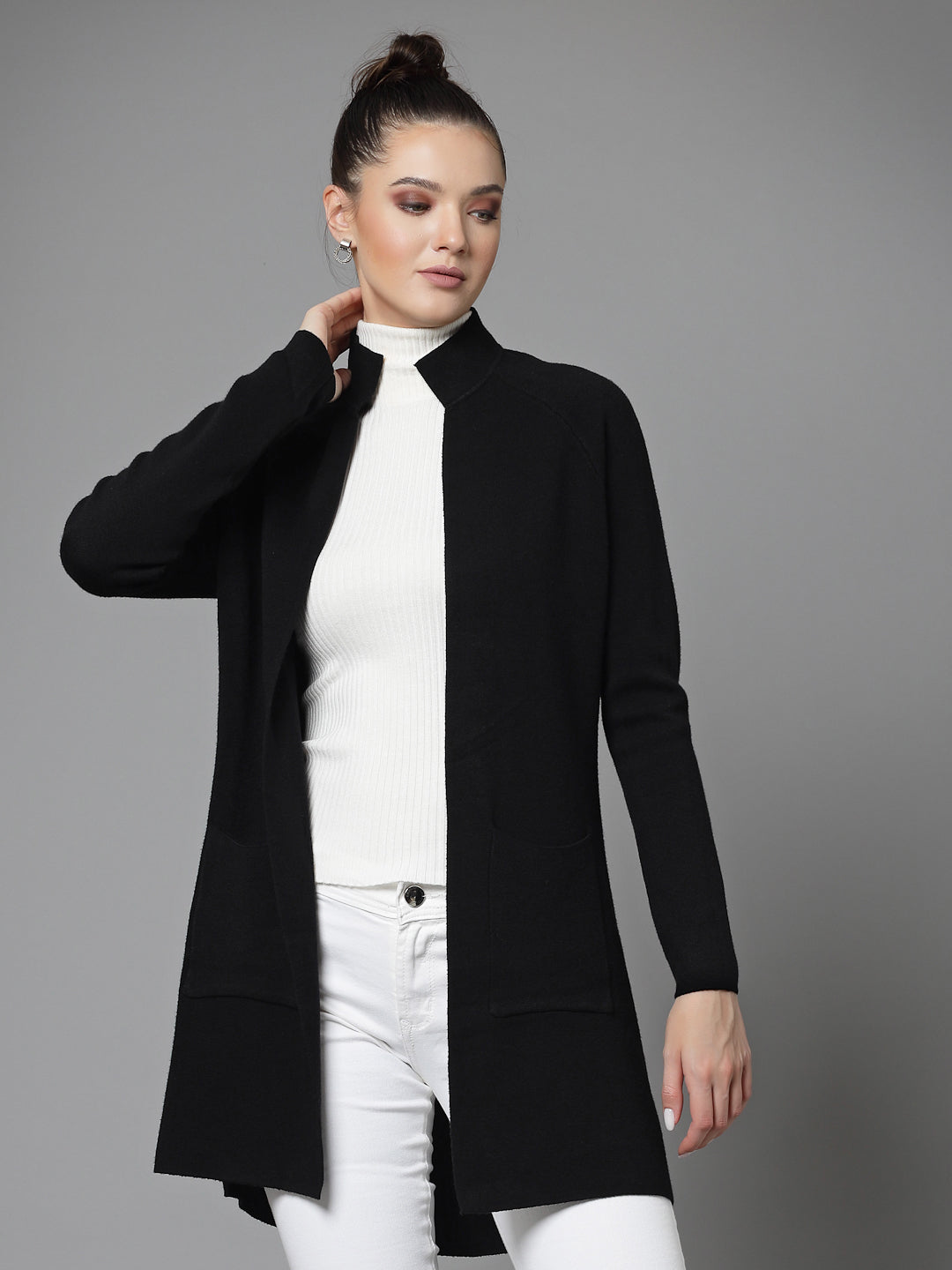 Mafadeny Women Winter Wear Black Longline Shrug