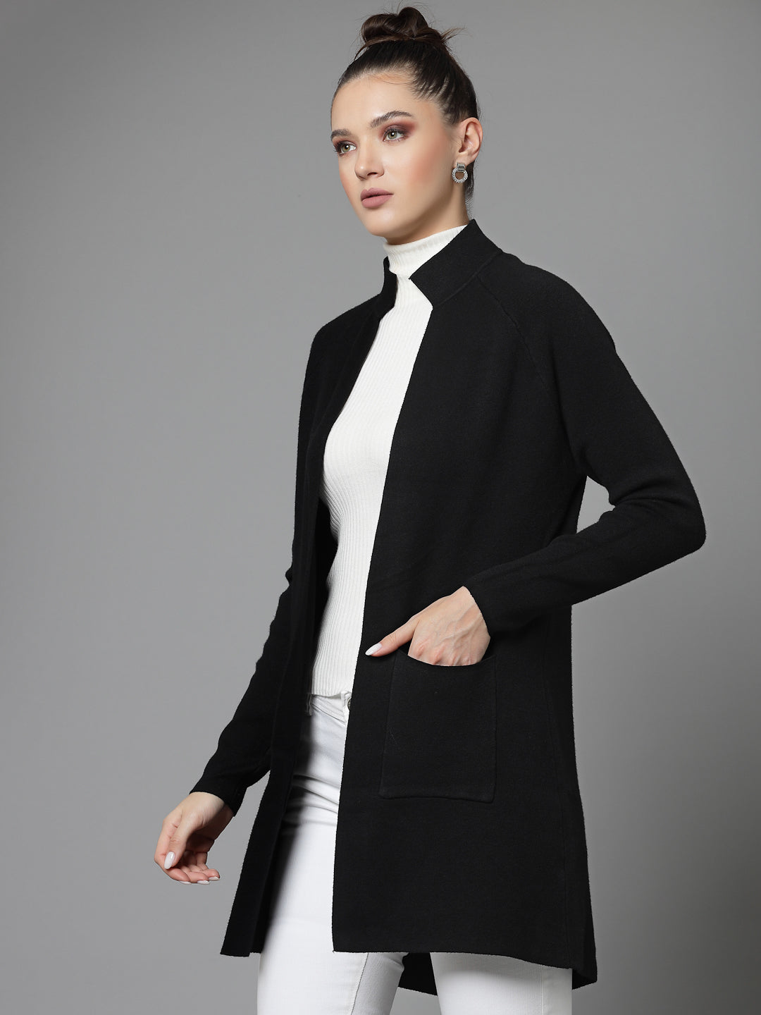 Mafadeny Women Winter Wear Black Longline Shrug