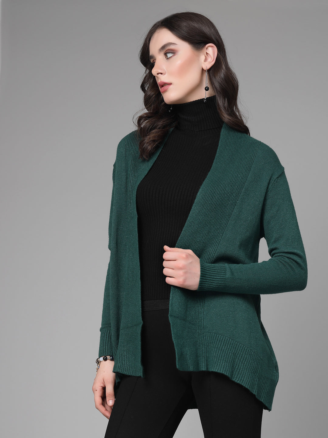 Mafadeny Women Winter Wear Green Longline Shrug