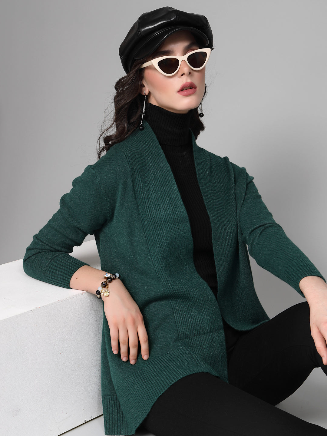 Mafadeny Women Winter Wear Green Longline Shrug