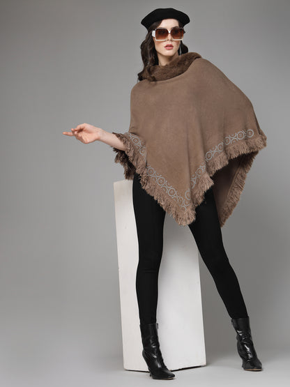 Mafadeny Women Winter Wear Brown Longline Poncho