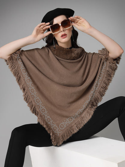 Mafadeny Women Winter Wear Brown Longline Poncho