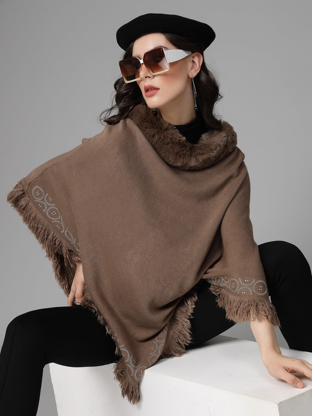 Mafadeny Women Winter Wear Brown Longline Poncho