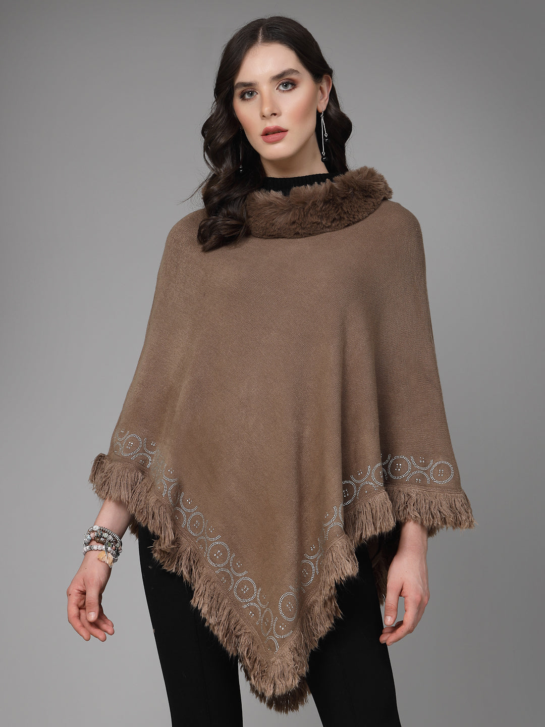 Mafadeny Women Winter Wear Brown Longline Poncho