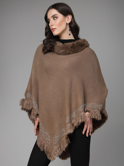 Mafadeny Women Winter Wear Brown Longline Poncho