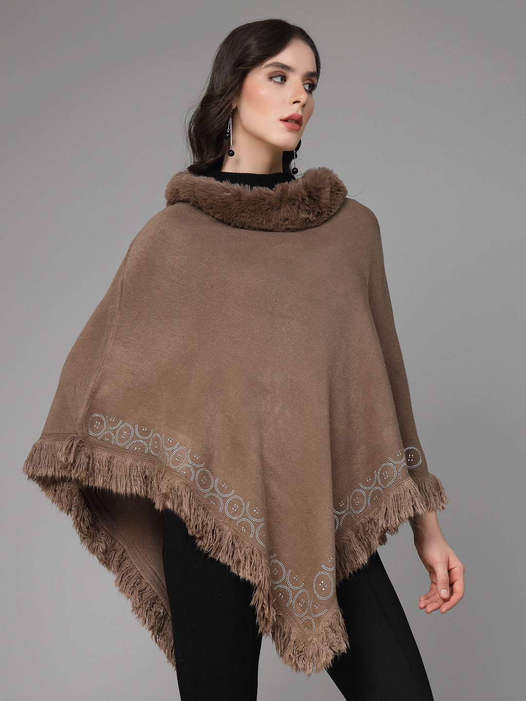 Mafadeny Women Winter Wear Brown Longline Poncho