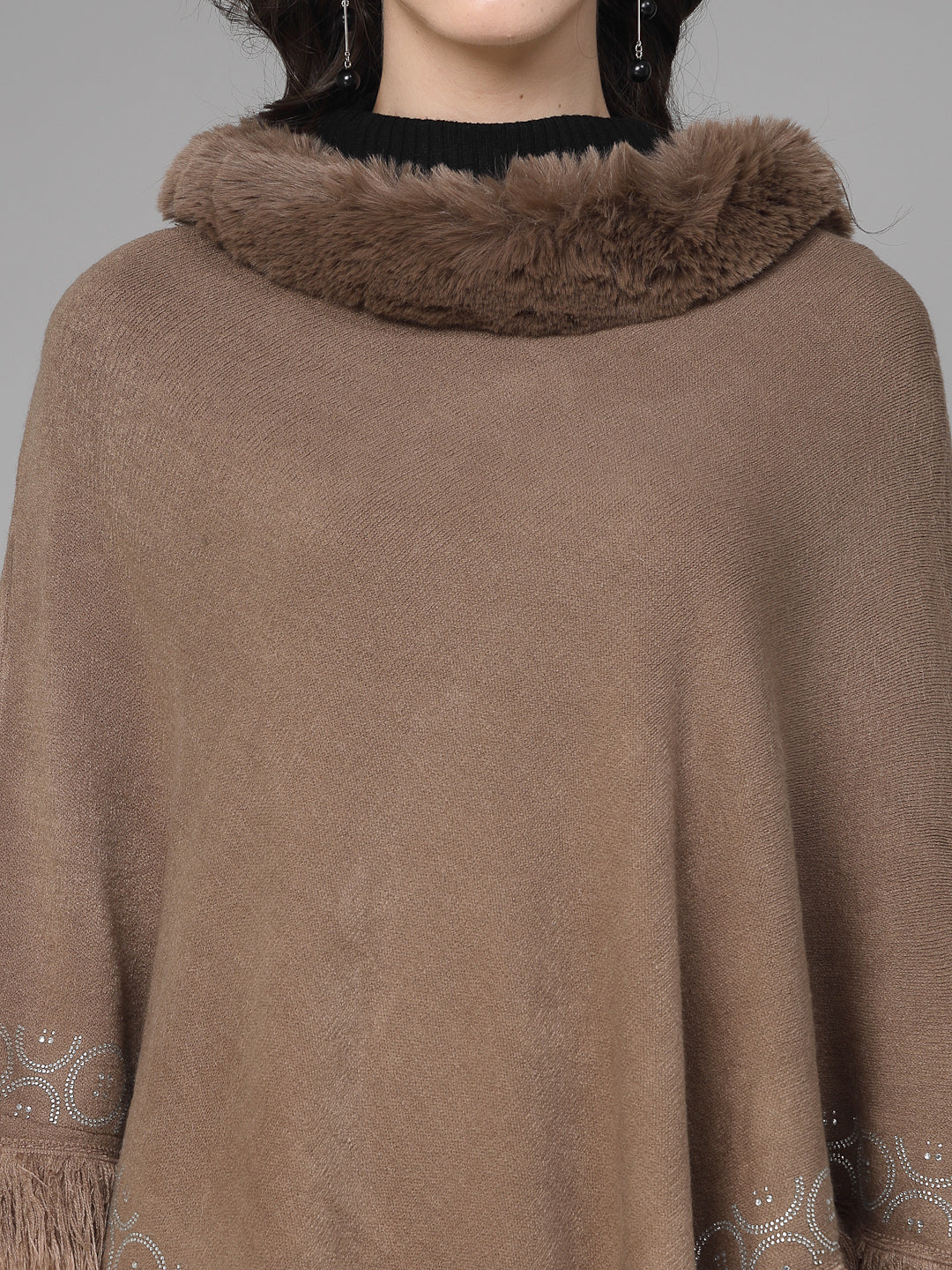 Mafadeny Women Winter Wear Brown Longline Poncho