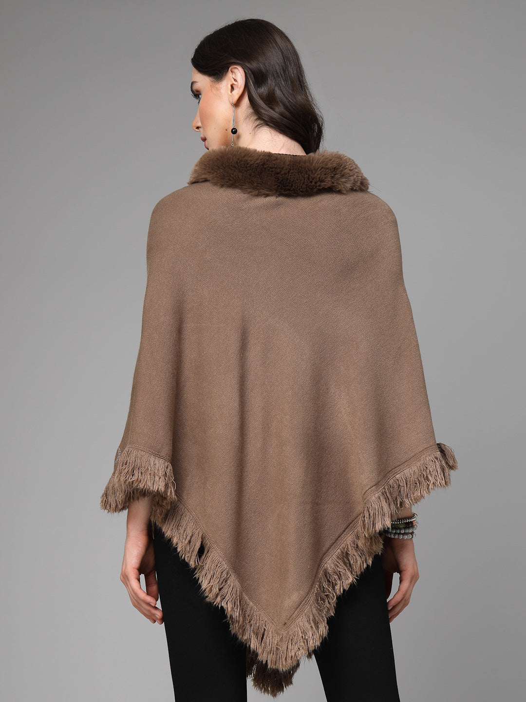 Mafadeny Women Winter Wear Brown Longline Poncho