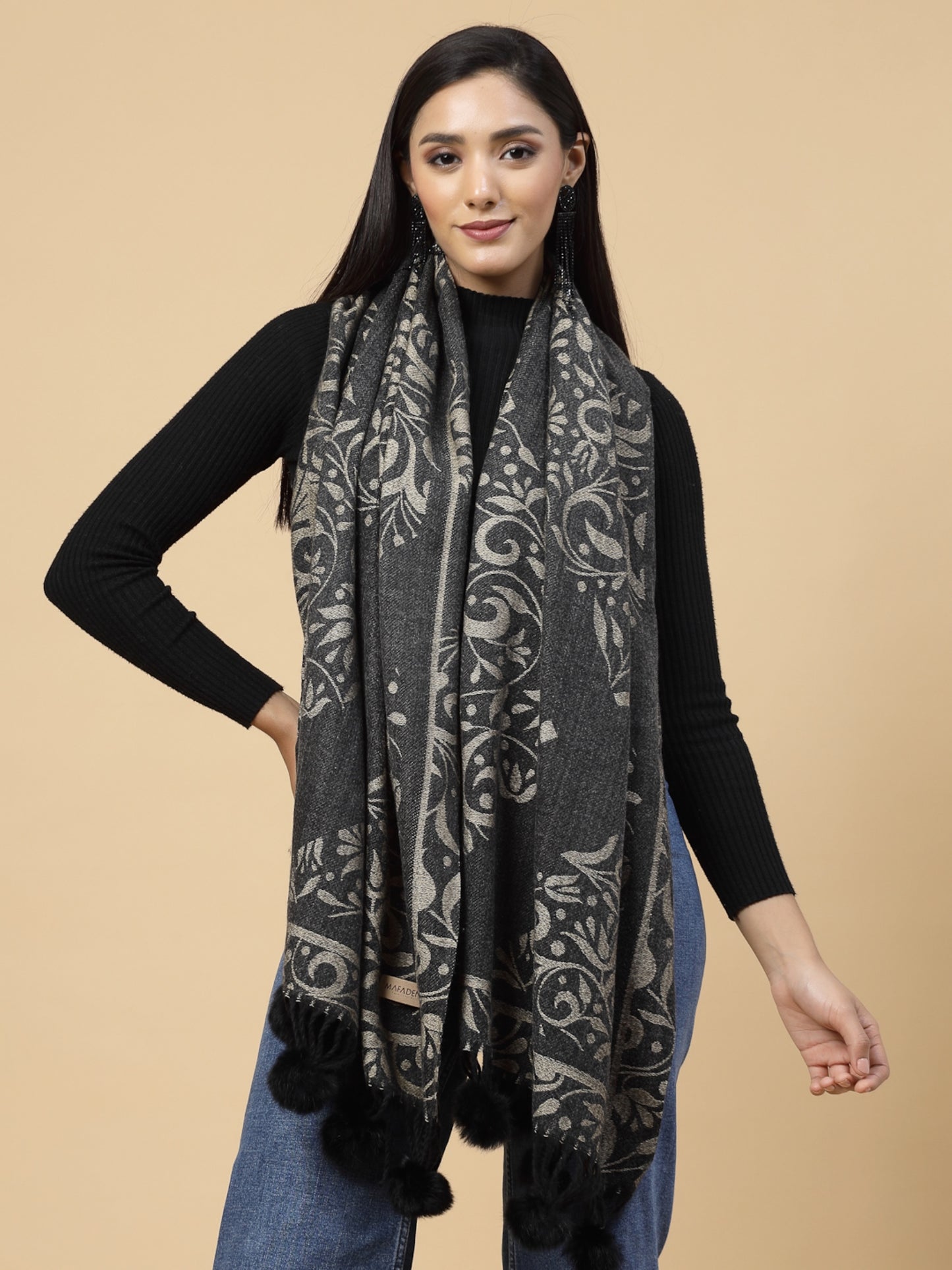 MAFADENY WINTER WRAP BLACK STOLE - COZY COMFORT IN SUBTLE ELEGANCE