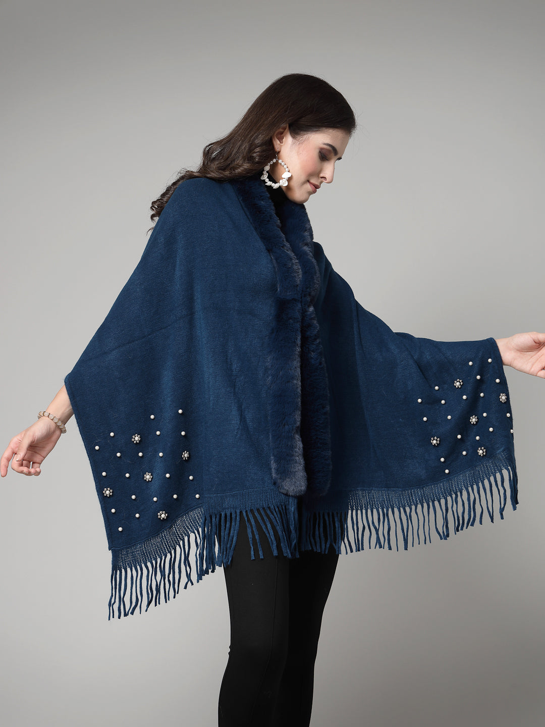 Mafadeny Women Winter Wear Team Blue Embellished Stylish & Cosy Ponchoo