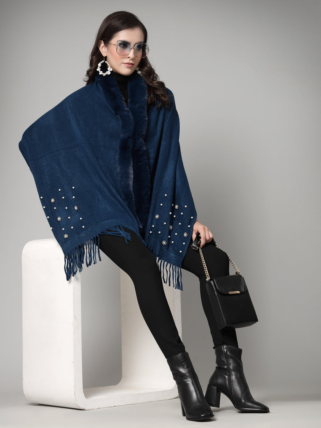 Mafadeny Women Winter Wear Team Blue Embellished Stylish & Cosy Ponchoo