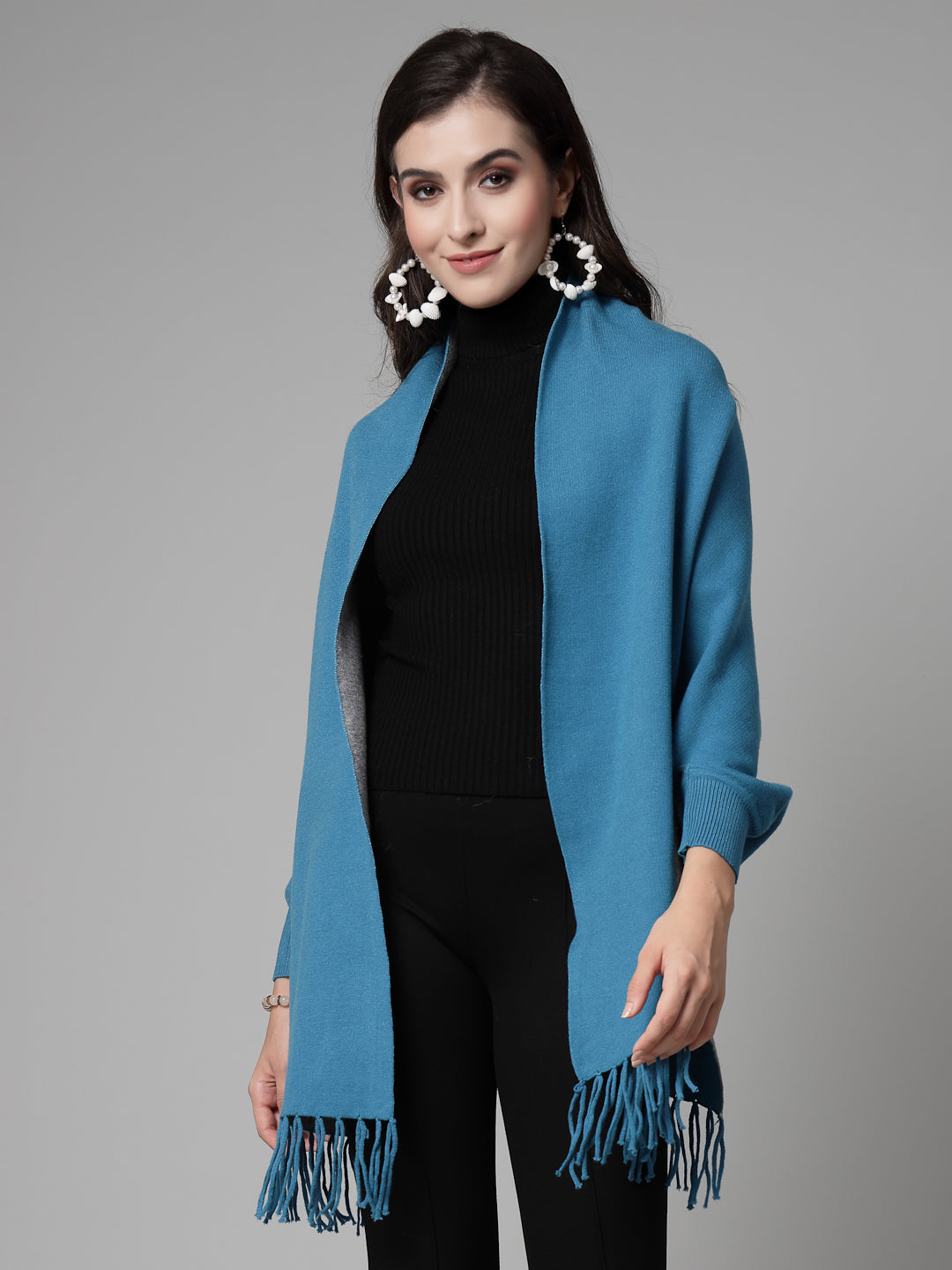 Mafadeny Women Winter Wear Teal Blue Stylish & Cosy Ponchoo