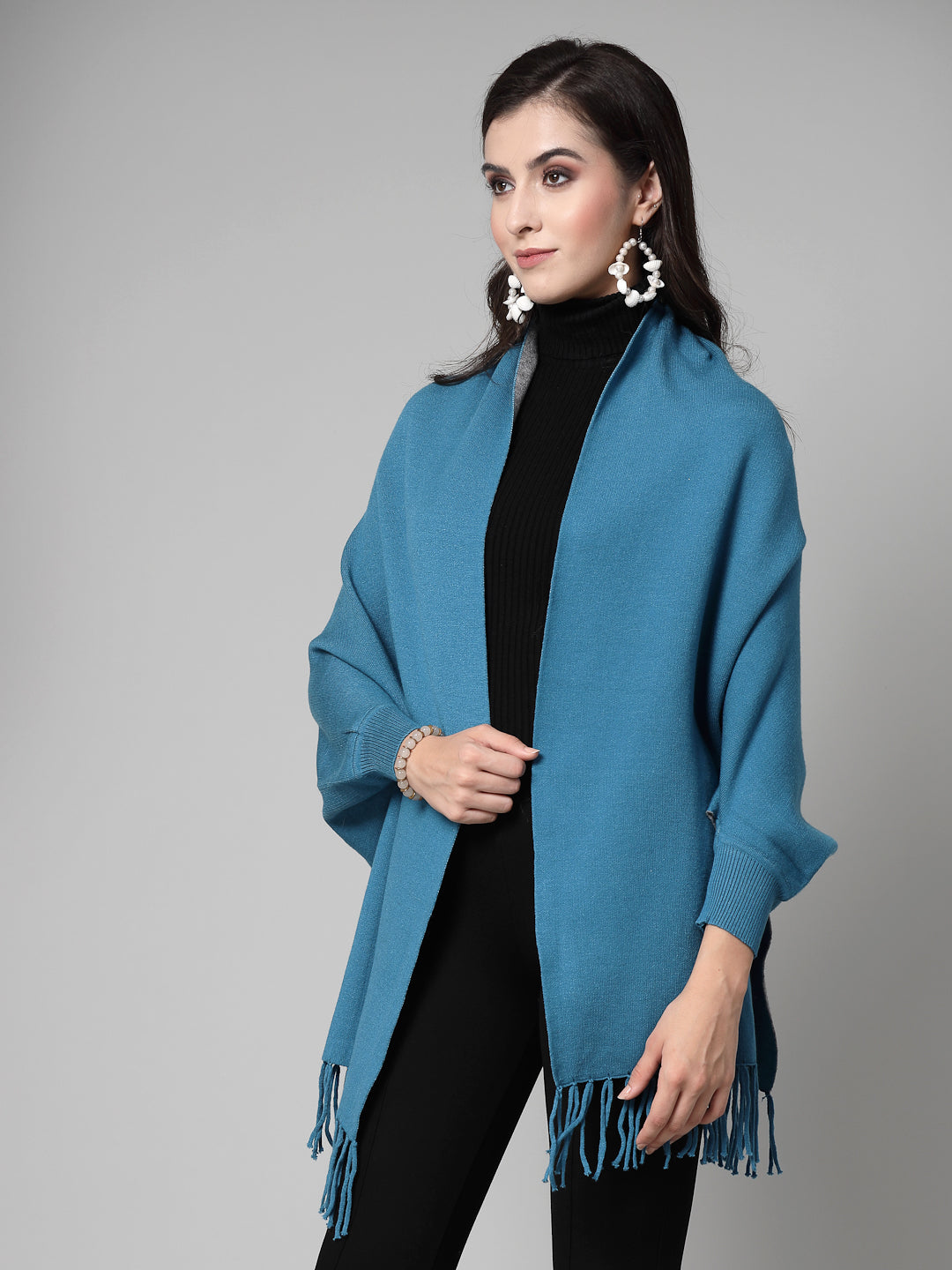 Mafadeny Women Winter Wear Teal Blue Stylish & Cosy Ponchoo