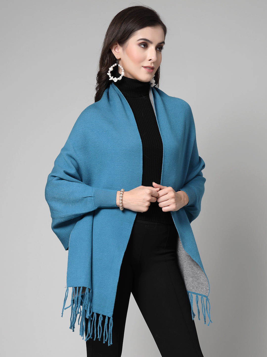 Mafadeny Women Winter Wear Teal Blue Stylish & Cosy Ponchoo