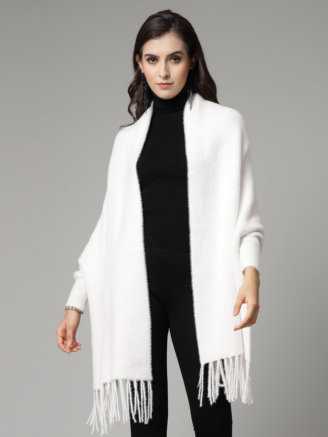 Mafadeny Women Winter Wear White & Cosy Ponchoo