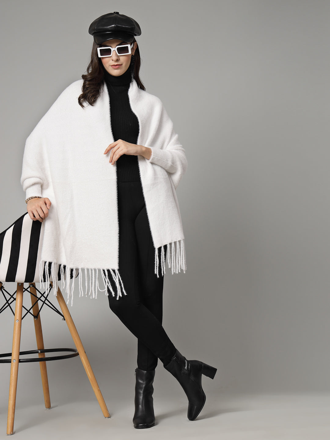 Mafadeny Women Winter Wear White & Cosy Ponchoo