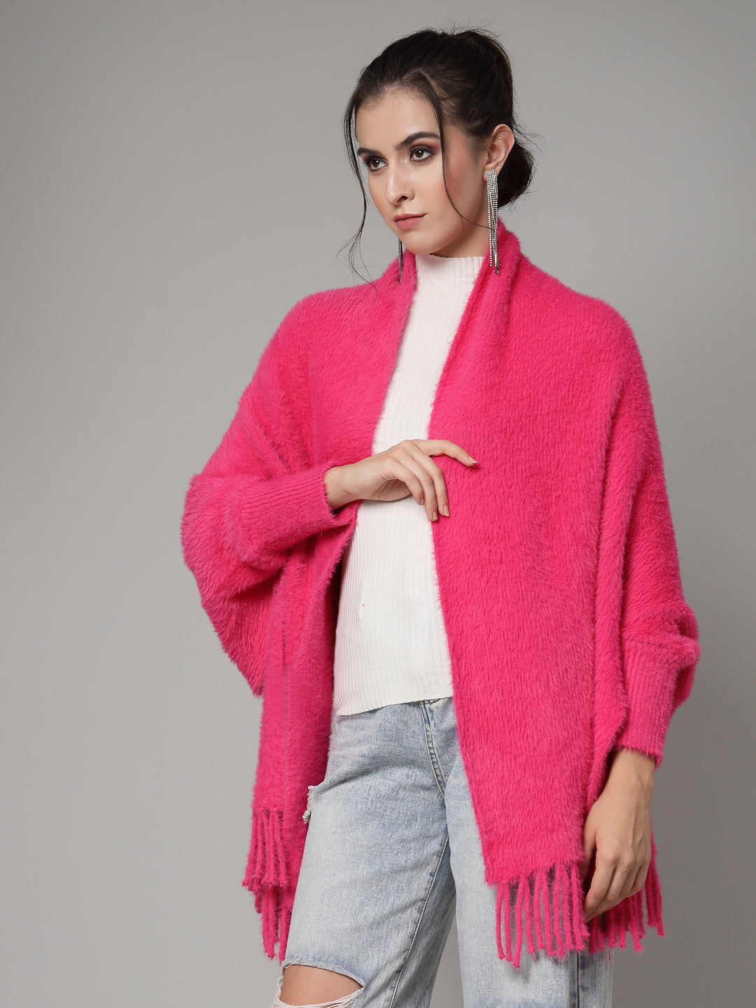 Mafadeny Women Winter Wear Hot Pink Stylish & Cosy Ponchoo