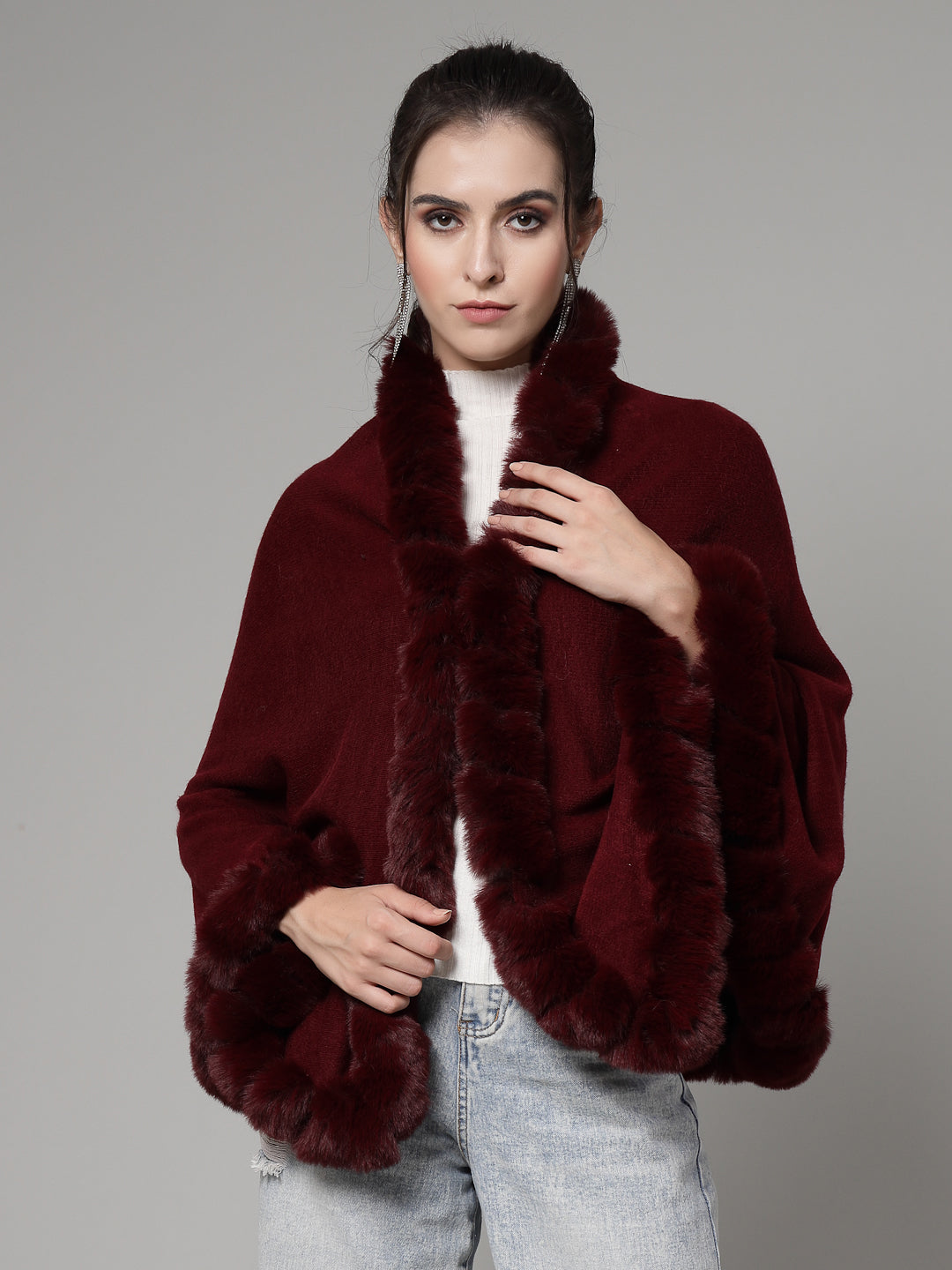 Mafadeny Women Winter Wear Maroon Stylish & Cosy Ponchoo