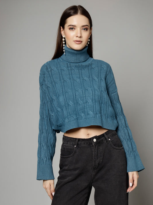 Mafadeny Women Winter Wear Teal Blue Crop Top