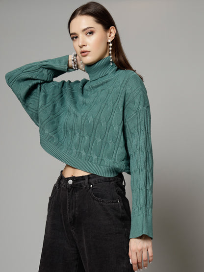 Mafadeny Women Winter Wear Green Crop Top