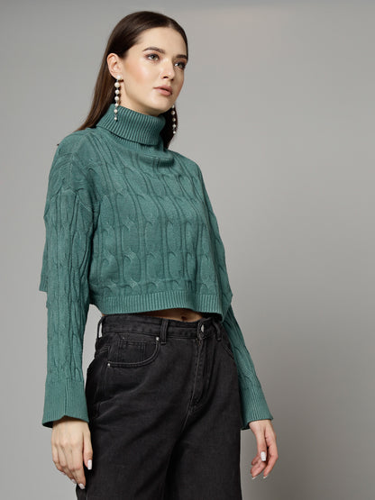 Mafadeny Women Winter Wear Green Crop Top