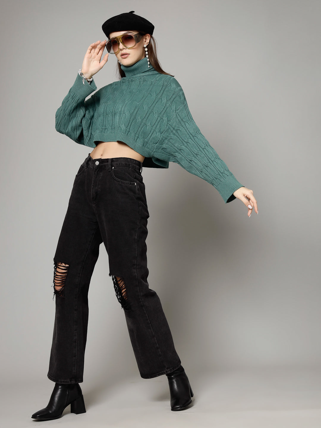 Mafadeny Women Winter Wear Green Crop Top