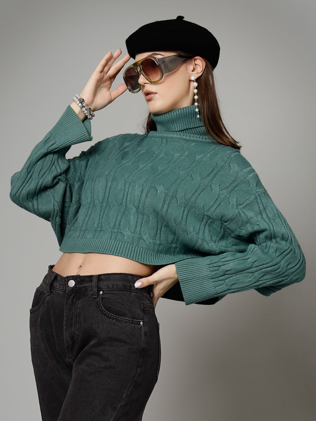 Mafadeny Women Winter Wear Green Crop Top