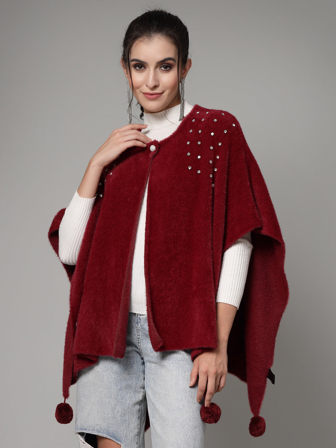 Mafadeny Women Winter Wear Maroon Stylish & Cosy Ponchoo