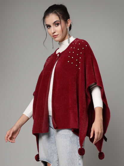 Mafadeny Women Winter Wear Maroon Stylish & Cosy Ponchoo