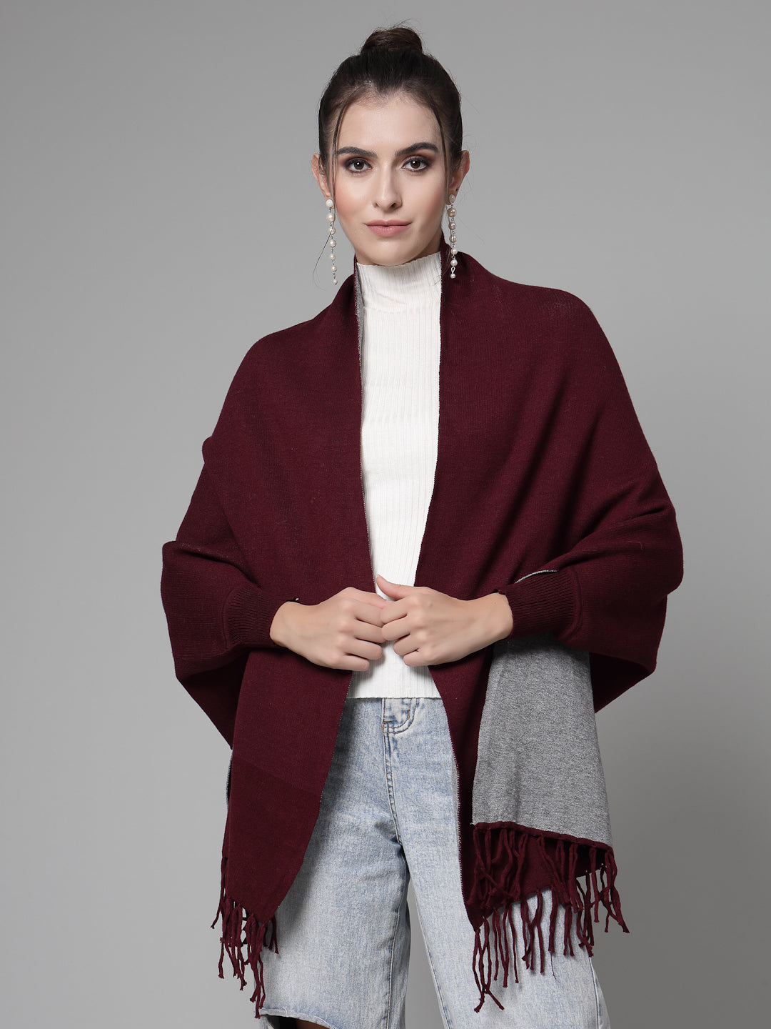 Mafadeny Women Winter Wear Maroon Stylish & Cosy Ponchoo