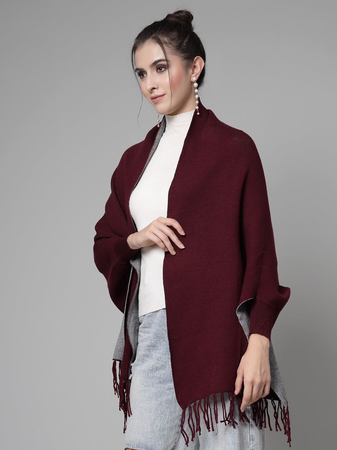 Mafadeny Women Winter Wear Maroon Stylish & Cosy Ponchoo