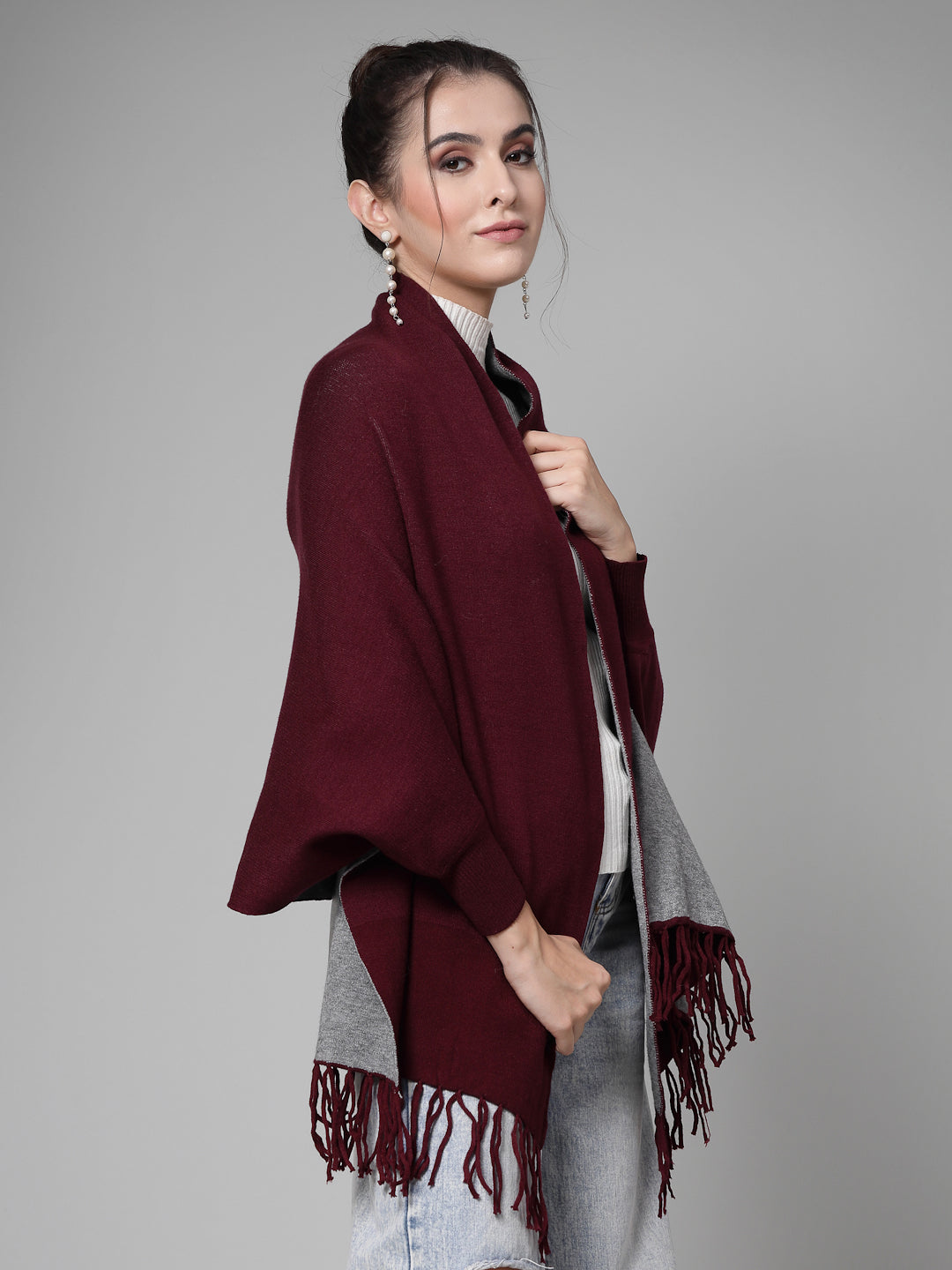 Mafadeny Women Winter Wear Maroon Stylish & Cosy Ponchoo