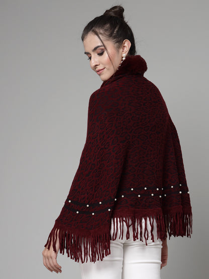 Mafadeny Women Winter Wear Maroon Embellished Stylish & Cosy Ponchoo