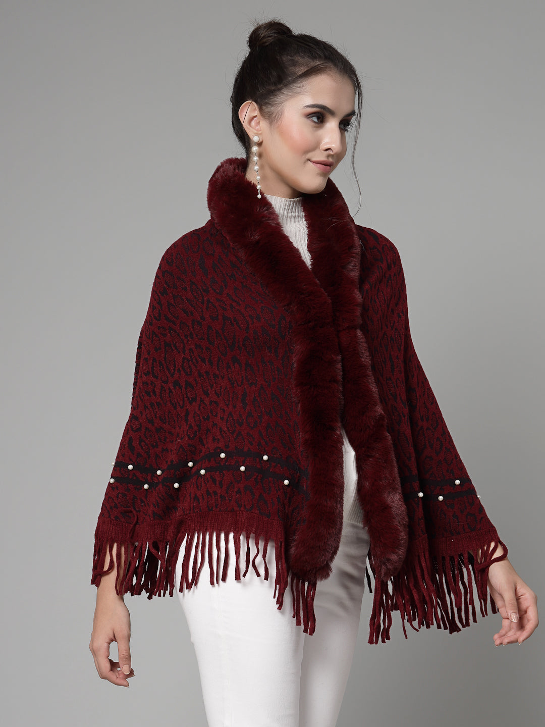 Mafadeny Women Winter Wear Maroon Embellished Stylish & Cosy Ponchoo