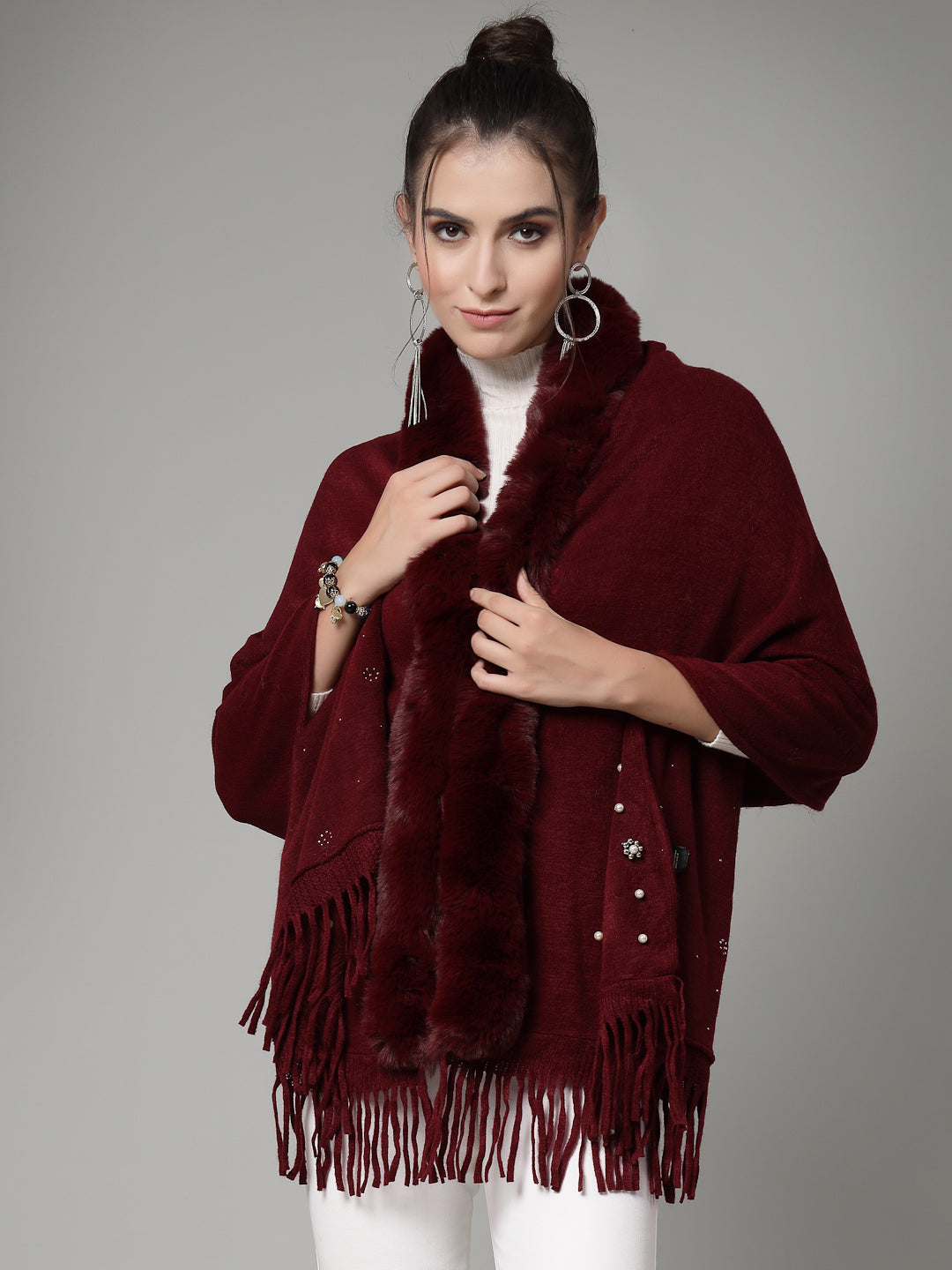 Mafadeny Women Winter Wear Maroon Embellished Stylish & Cosy Ponchoo