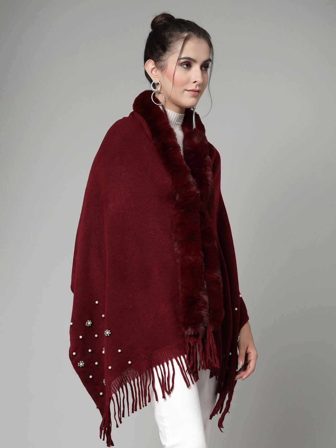 Mafadeny Women Winter Wear Maroon Embellished Stylish & Cosy Ponchoo