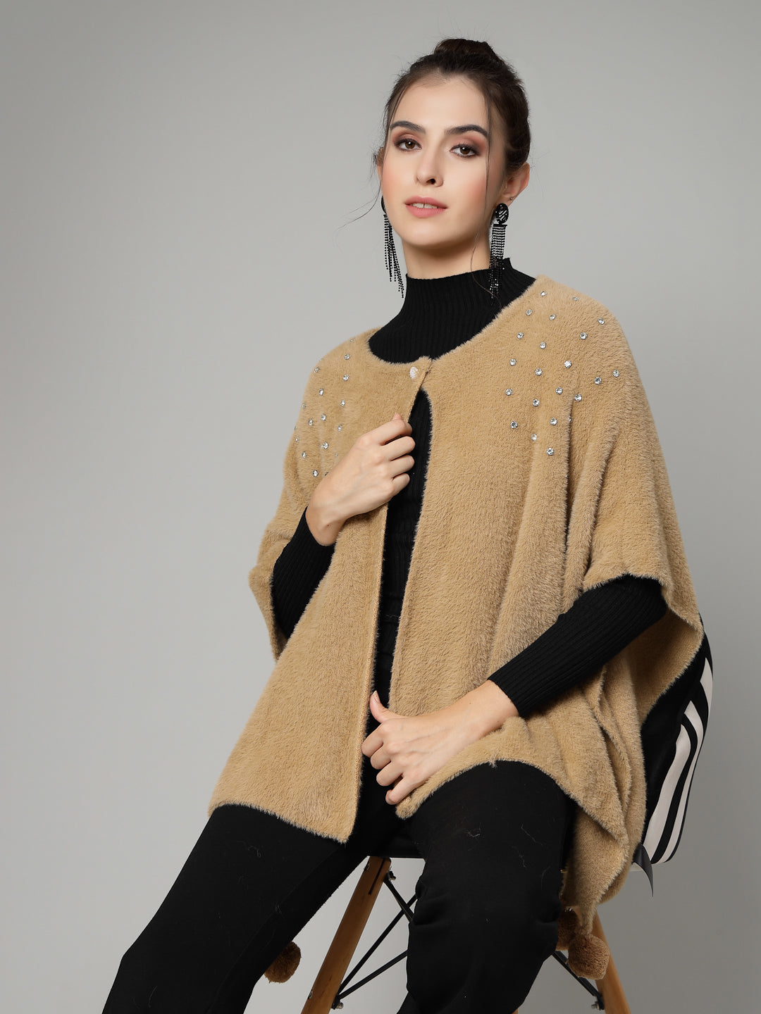 Mafadeny Women Winter Wear Khakhi Stylish & Cosy Ponchoo