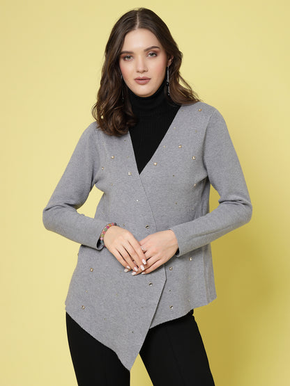 Mafadeny Women Winter Wear Grey Embellished Shrug