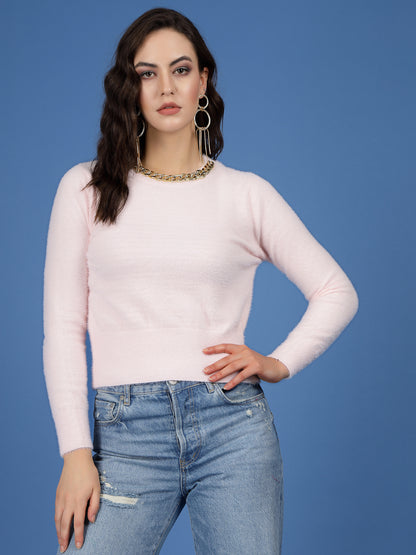 Mafadeny Women Winter Wear Pink Crop Top Embellished Detail