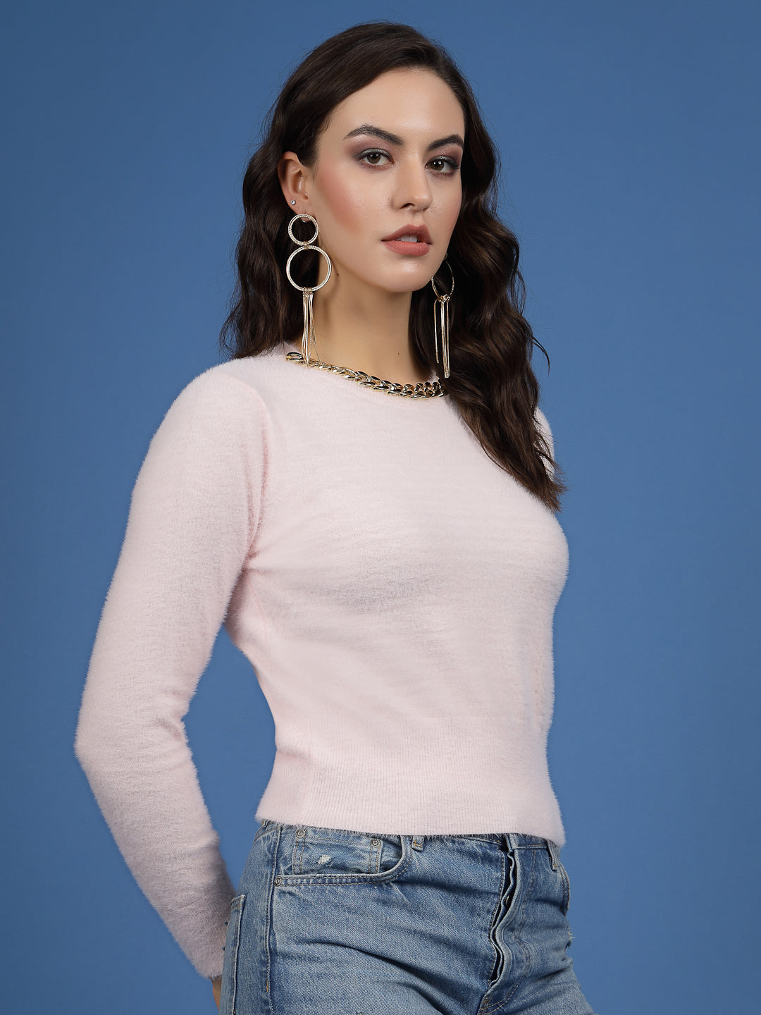 Mafadeny Women Winter Wear Pink Crop Top Embellished Detail